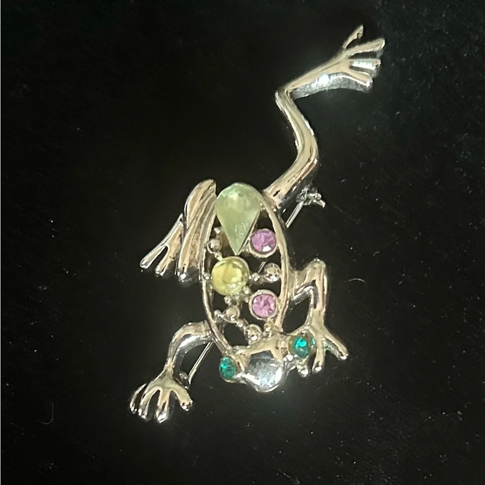 Vintage Silver Frog Brooch/Pendant with Multi-colored Rhinestones